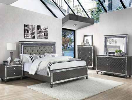 refino queen bed with mirrored dresser, chest and nightstand