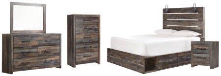 drystan queen panel bed with 2 storage drawers, dresser, mirror, chest and nightstand