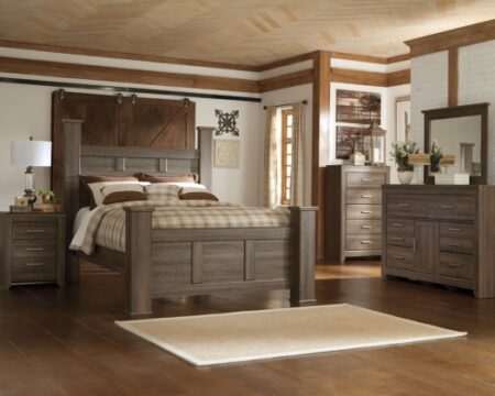 juararo queen poster bed with mirrored dresser, chest and nightstand
