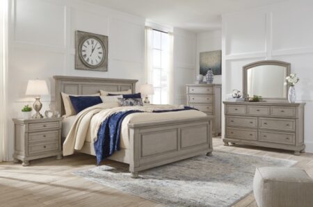 robbinsdale queen panel bed with mirrored dresser, chest and nightstand elegant, timeless furnishings take your bedroom to the next level. nothing does that better than this bedroom package. the antiqued white finish with a wonderful grain texture oozes sophistication, while dark bronze tone hardware adds a sophisticated touch. felt finished top drawers on the storage pieces round out the set for the ultimate tasteful bedroom.