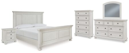robbinsdale queen panel bed with mirrored dresser, chest and nightstand elegant, timeless furnishings take your bedroom to the next level. nothing does that better than this bedroom package. the antiqued white finish with a wonderful grain texture oozes sophistication, while dark bronze tone hardware adds a sophisticated touch. felt finished top drawers on the storage pieces round out the set for the ultimate tasteful bedroom.