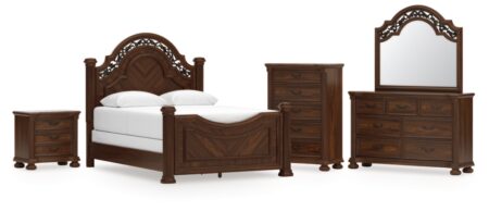 lavinton queen poster bed, dresser, mirror, chest and nightstand