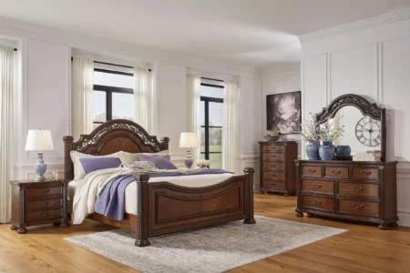 lavinton queen poster bed, dresser, mirror, chest and nightstand